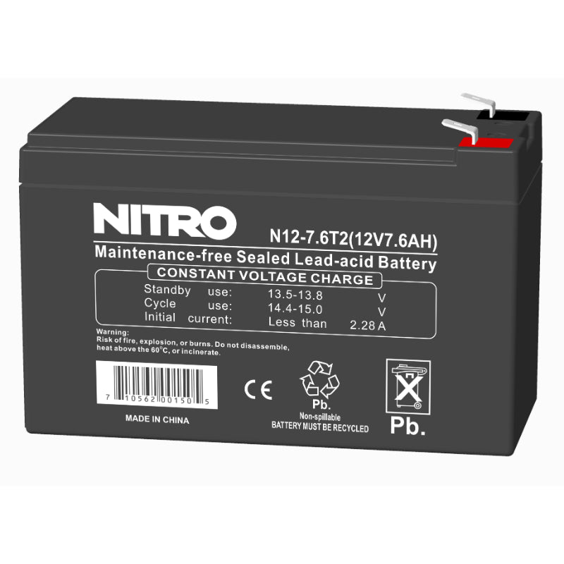 NITRO 12.0V 7.6AH SLA Battery, F2 Terminal