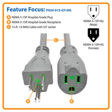 Tripp Lite series Hospital-Grade Extension Cord, NEMA 5-15P to NEMA 5-15R - Green Dot, 15A, 125V, 14 AWG, 15 ft. (4.57 m), Gray