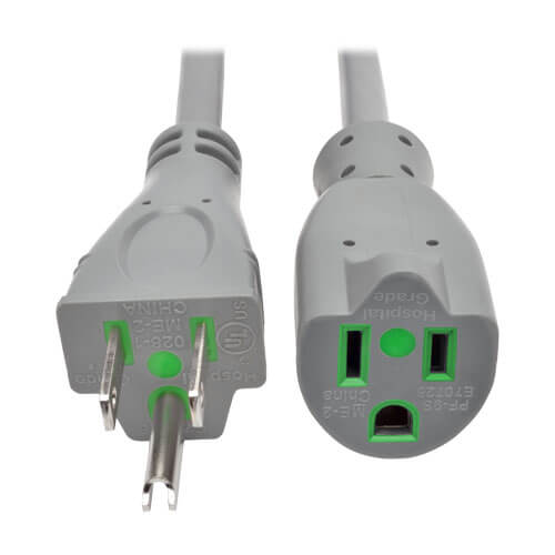 Tripp Lite series Hospital-Grade Extension Cord, NEMA 5-15P to NEMA 5-15R - Green Dot, 15A, 125V, 14 AWG, 15 ft. (4.57 m), Gray