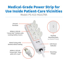 Tripp Lite series Safe-IT UL 2930 Medical-Grade Power Strip for Patient-Care Vicinity, 4 15A Hospital-Grade Outlets, Safety Covers, 15 ft. Cord