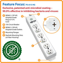 Tripp Lite Medical-Grade Power Strip, UL 1363, 6 Hospital-Grade Outlets, Antimicrobial, 15 ft. (4.57 m) Cord